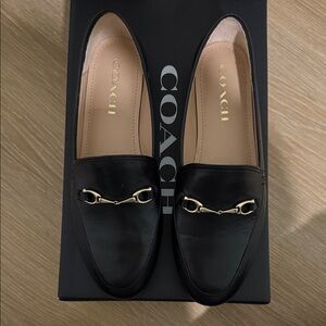 Coach Women's Black Leather Loafers with Gold Accents